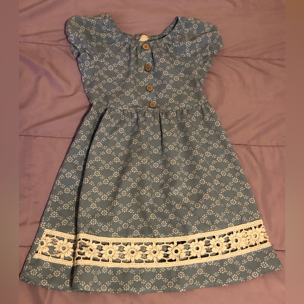 Lily Bleu Blue Patterned Dress with White Crochet Lace Trim